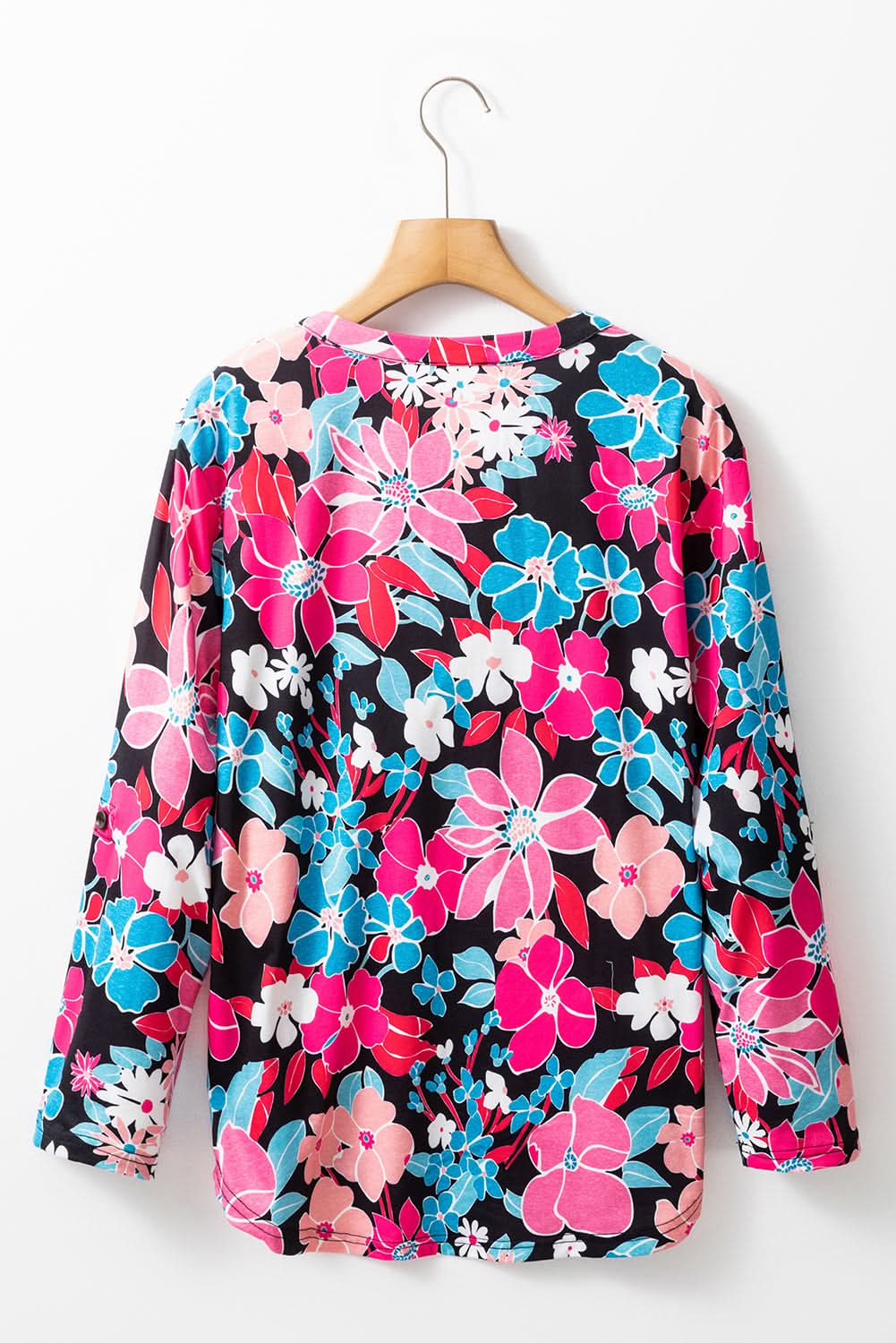 Pink Floral V Neck Roll Tab Sleeve Blouse - Love Salve